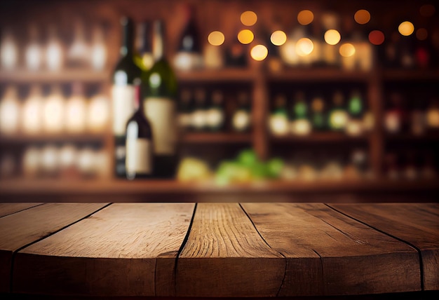 Fondo de mesa de madera de vino Tienda de vinos borrosa con botellas Generar Ai