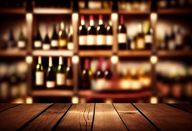 Fondo de mesa de madera de vino Tienda de vinos borrosa con botellas Generar Ai