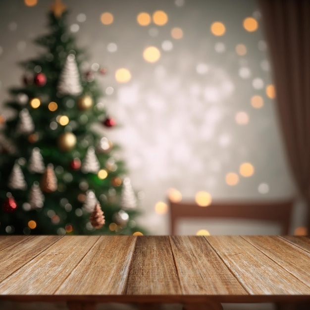 Foto fondo de mesa de navidad vacío con árbol de navidad fuera de foco