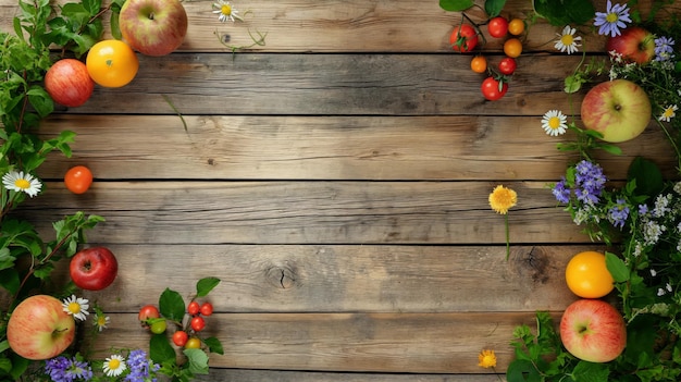 Fondo de mesa plana de madera rústica con un tema de abundancia de verano muchas pizarras de madera