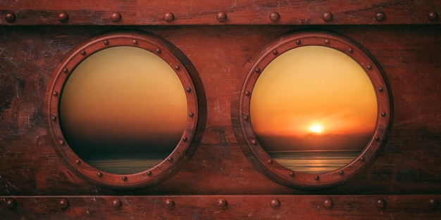 Fondo de metal de ojos de buey Mar en calma al atardecer fuera de las ventanas Ilustración 3d