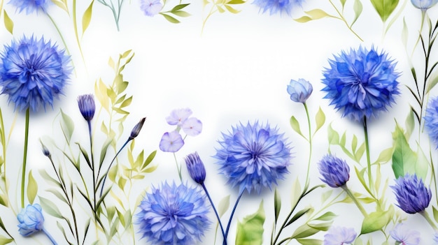 El fondo de una mezcla de delicadas flores azules de cornflower y hojas verdes frescas