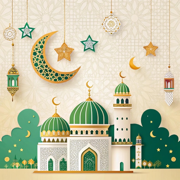 Fondo de la mezquita islámica con patrones ornamentales árabes Diseño de tarjeta de felicitación para el Ramadán Kareem