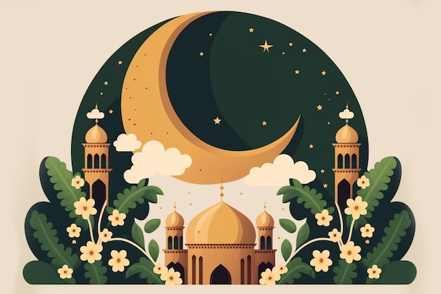 Fondo de la mezquita islámica Plantilla de diseño de tarjeta de felicitación de Ramadán islámico Ilustración de IA generativa