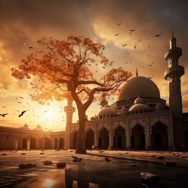 Fondo de una mezquita que se muestra en un árbol más querido con algunos dátiles.