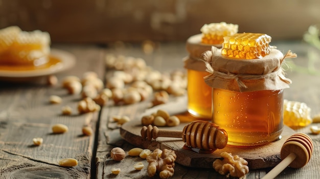 Fondo de miel miel dulce en el peine frasco de vidrio con nueces sobre fondo de madera