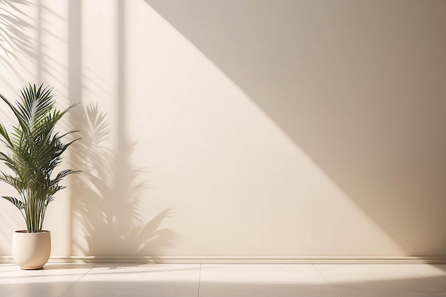 Fondo minimalista abstracto de color beige claro suave para la presentación del producto con luz y intrincada sombra de la ventana y vegetación en la pared