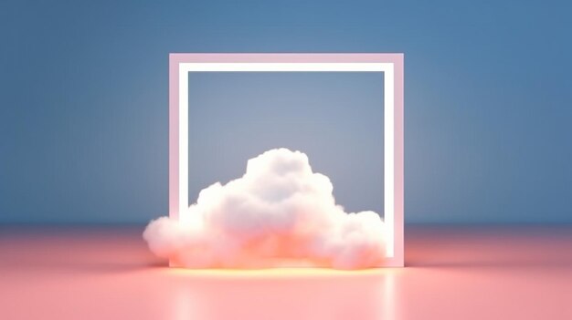 fondo minimalista abstracto de nube pastel y marco cuadrado lineal en blanco brillando con luz de neón