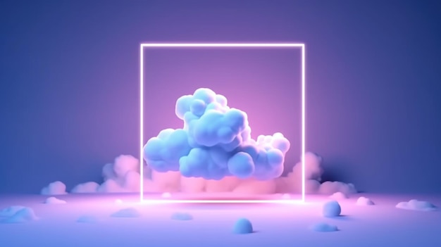 fondo minimalista abstracto de nube pastel y marco cuadrado lineal en blanco brillando con luz de neón