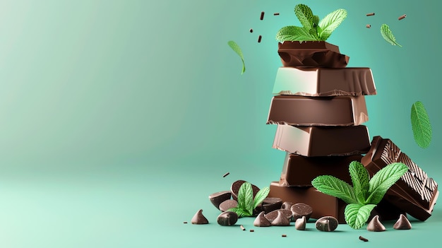 Fondo minimalista de chocolate de menta con espacio por encima para el texto diseño plano vista lateral tema fresco renderización 3D esquema de colores complementario