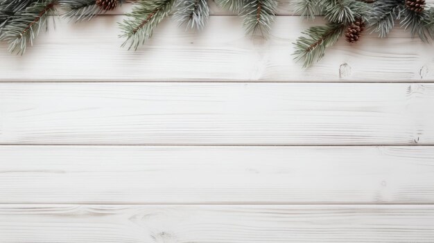 Fondo minimalista de madera blanca con piñas y ramas de abeto