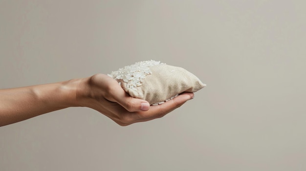 Fondo minimalista con la mano sosteniendo una mini bolsa de arroz