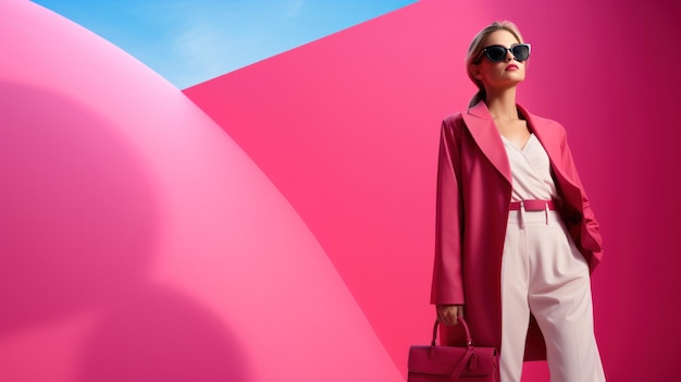 Foto fondo minimalista rosa de moda con chica modelo