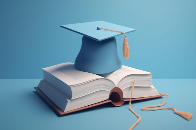 Fondo mínimo para el concepto de educación en línea Libro con sombrero de graduación sobre fondo azul 3d ren