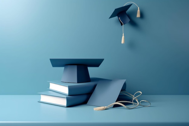 Fondo mínimo para el concepto de educación en línea Libro con sombrero de graduación sobre fondo azul 3d ren
