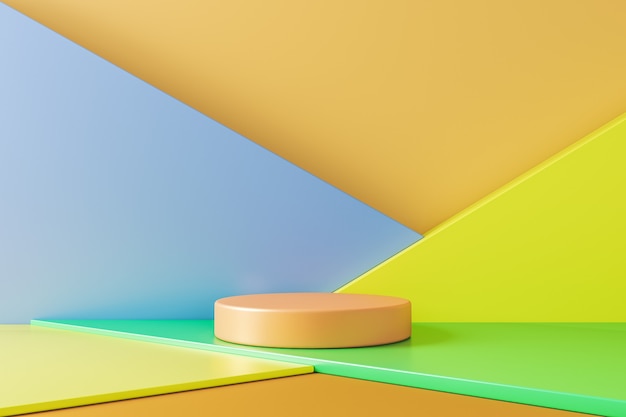 Fondo mínimo para la presentación del producto, la geometría del círculo beige se basa en la escena con varias formas geométricas de colores. Representación 3d