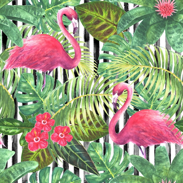 Fondo de moda Flamencos rosados exóticos tropicales hojas verdes ramas y flores brillantes sobre fondo blanco y negro con rayas verticales Ilustración dibujada a mano acuarela Patrón transparente