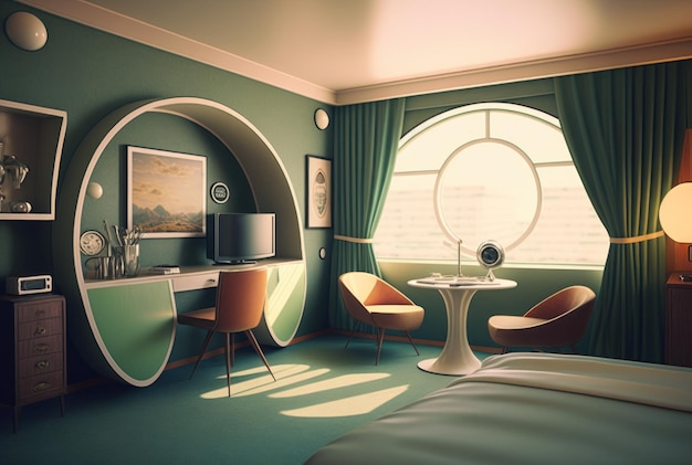 Fondo de modelo 3d de diseño gráfico de habitación de hotel retro