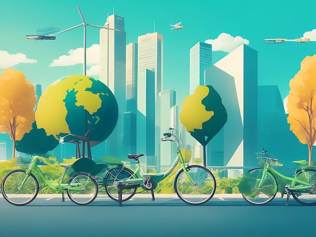 Foto un fondo con modos de transporte respetuosos con el medio ambiente, como bicicletas, coches eléctricos