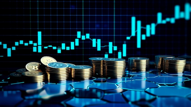 Un fondo de moneda 3D con un gráfico de finanzas azul y una barra de inversión que muestra el crecimiento y el éxito en el mercado con informes de tecnología y moneda IA generativa