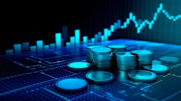 Un fondo de moneda 3D con un gráfico de finanzas azul y una barra de inversión que muestra el crecimiento y el éxito en el mercado con informes de tecnología y moneda Ilustrador de IA generativa