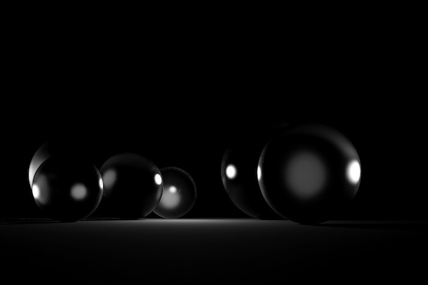 Fondo monocromático abstracto con bolas de cristal transparentes blancas sobre negro. Diseño creativo para exhibir productos. Copie el espacio, render 3d