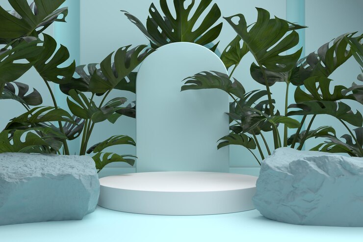 Fondo de Monstera de roca abstracta para representación de podio de exhibición de productos cosméticos 3d