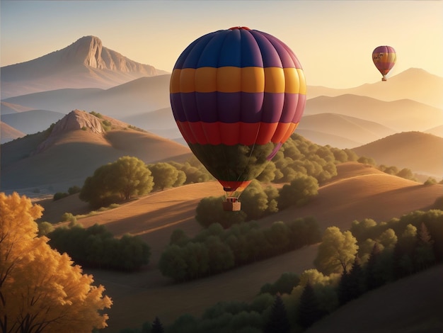 Foto el fondo de la montaña y el árbol del globo de aire caliente