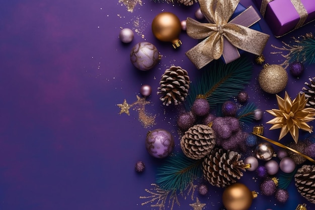 Un fondo morado con adornos navideños y un lazo.