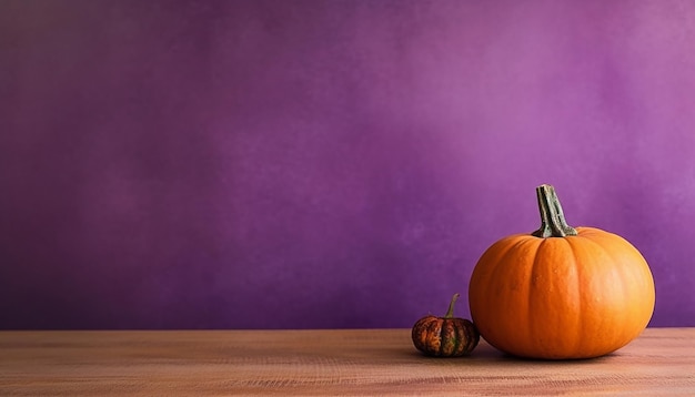 Un fondo morado con calabazas sobre una mesa.