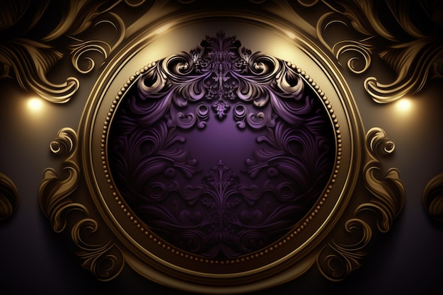 Un fondo morado y dorado con un marco redondo y un diseño dorado.