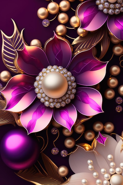Un fondo morado con una flor y perlas.