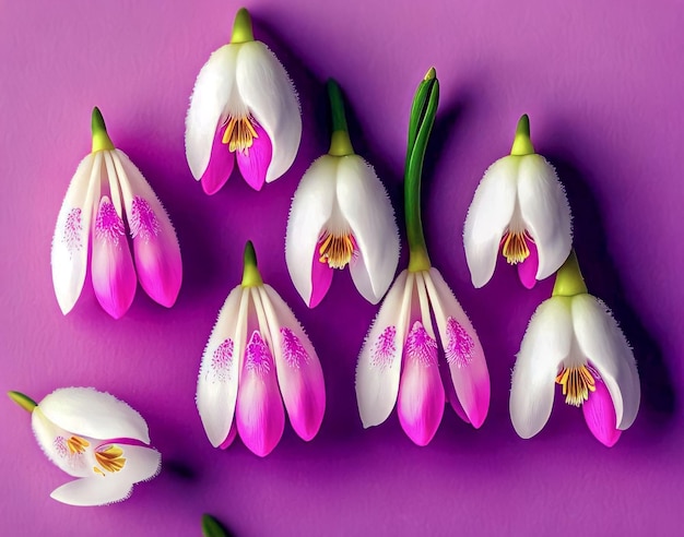 Un fondo morado con flores blancas y rosas.