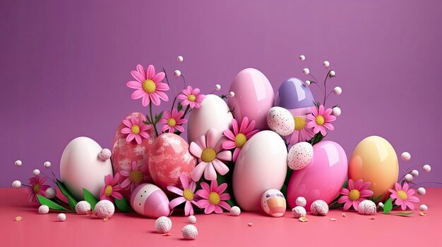 Un fondo morado con flores rosas y blancas y un montón de huevos de Pascua