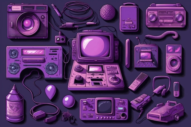 Fondo morado con objetos de la IA generativa de los 80