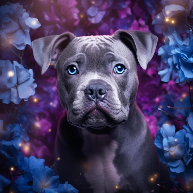 Un fondo morado con un perro azul con nariz azul.