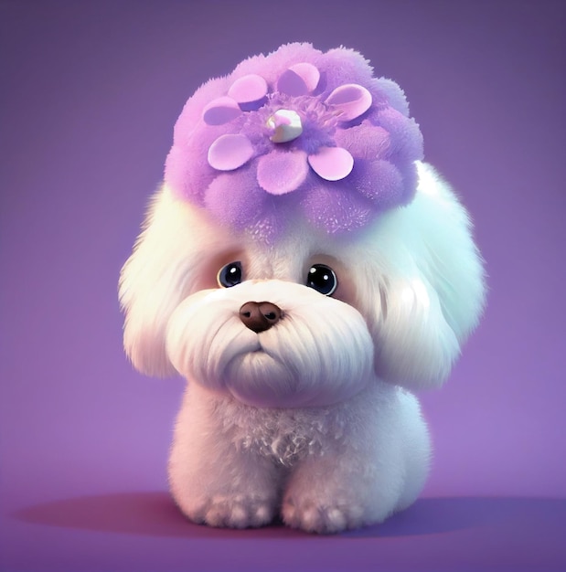 Un fondo morado con un perro blanco con un sombrero morado y una flor morada en la cabeza.