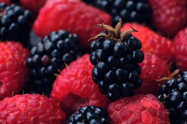 Fondo de moras y frambuesas orgánicas frescas, de cerca. Gran cantidad de bayas crudas de frutas silvestres jugosas maduras en una placa negra. Vista superior de moras y frambuesas. Macro, enfoque selectivo