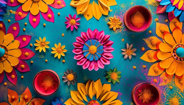 un fondo con motivos florales tradicionales indios y patrones de Rangoli en colores brillantes de Holi