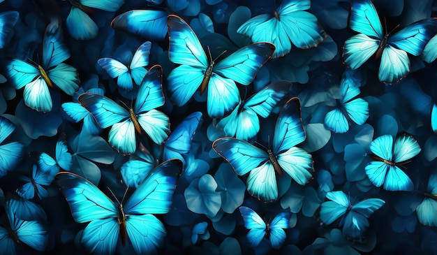 Fondo con muchas mariposas azules generadas por IA.