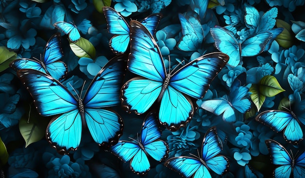 Fondo con muchas mariposas azules generadas por IA.