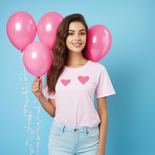 Foto fondo de una mujer con una camiseta llana y sosteniendo un globo