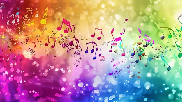Un fondo multicolor con notas musicales que caen desde la parte superior de la imagen y un fondo de color arco iris
