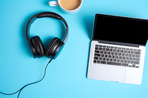 Fondo de música o podcast con dispositivos electrónicos, auriculares, café y computadora portátil en el escritorio de la oficina