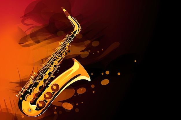 Fondo musical de jazz en colores dorado y naranja con saxofón AI generativa