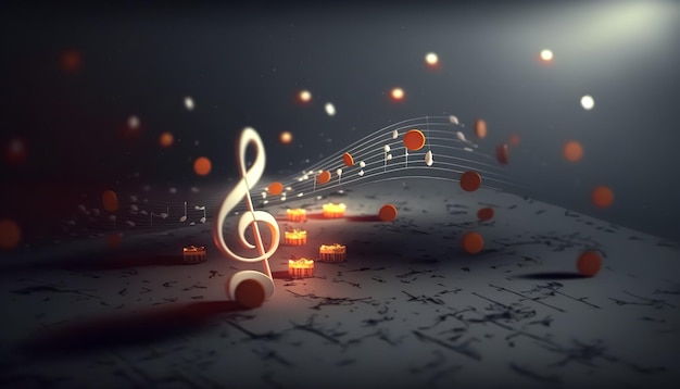 Fondo musical volumétrico con una clave de sol y notas generativas AI