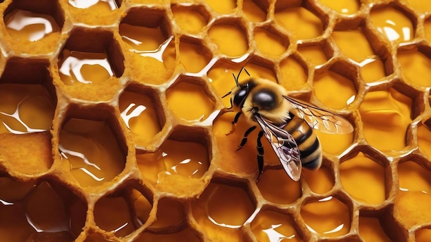 Fondo naranja amarillo con ilustración de abeja de panal en primer plano
