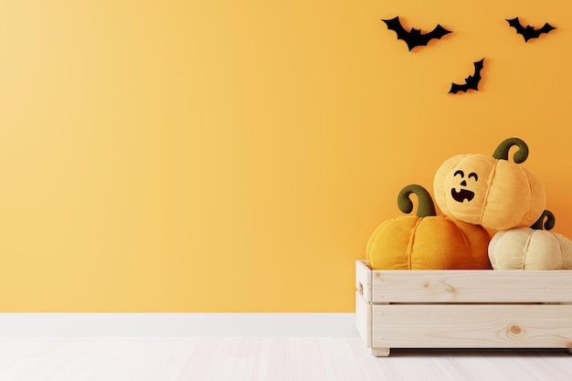 Fondo naranja con calabaza sonriente en canasta y murciélagos para Halloween