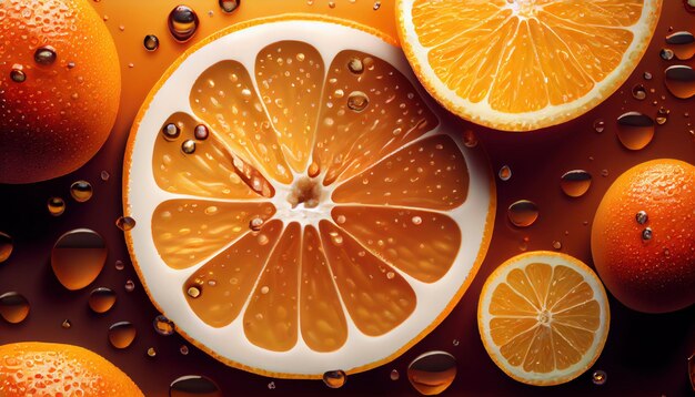 Fondo de naranja colorido maduro con salpicaduras de agua Al generado