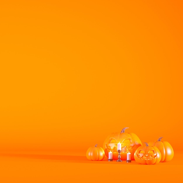 Fondo naranja de Halloween con Jack o linternas y velas 3d render con espacio de copia